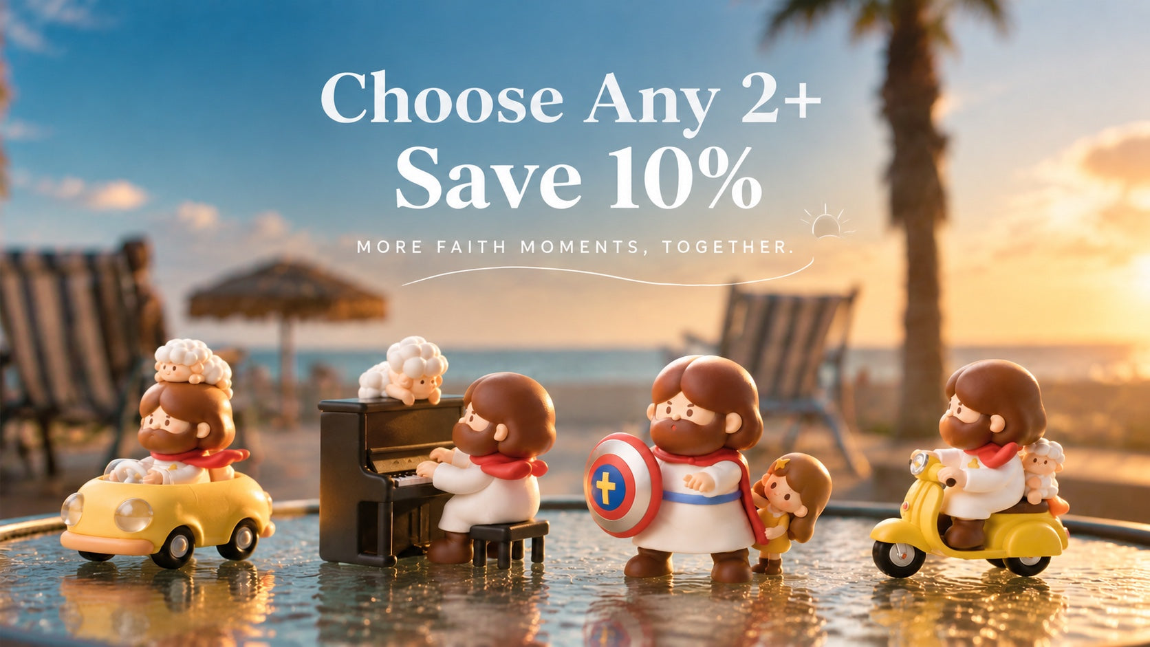 Choose any 2 or more and save 10 percent. Four Faith Companions figurines together beside the sea at sunset.