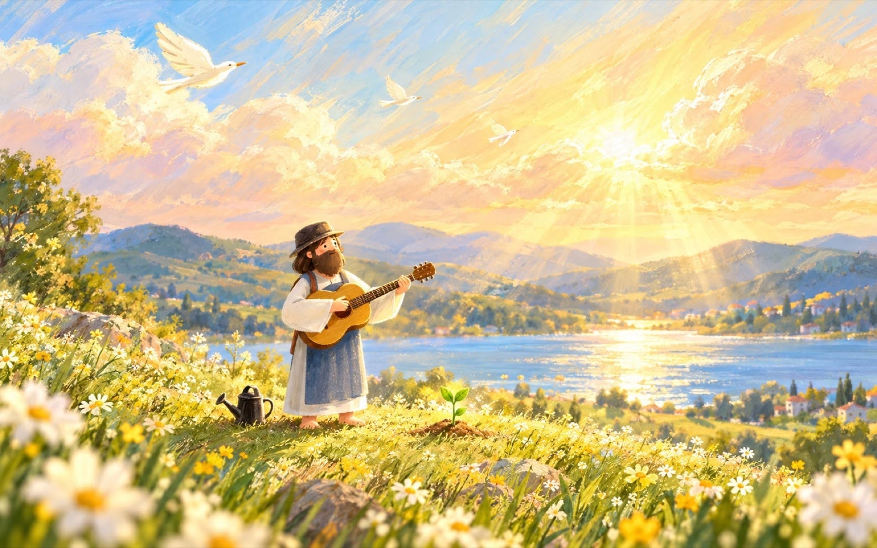An illustration of Jesus playing a guitar beside a small growing plant, overlooking a sunlit lake
