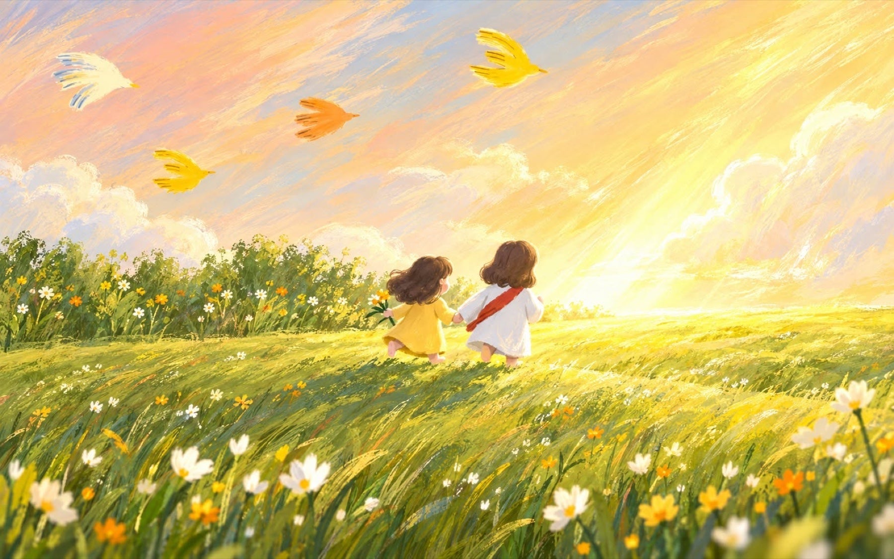 An illustration of Jesus and a girl holding hands as they walk toward a warm sunrise