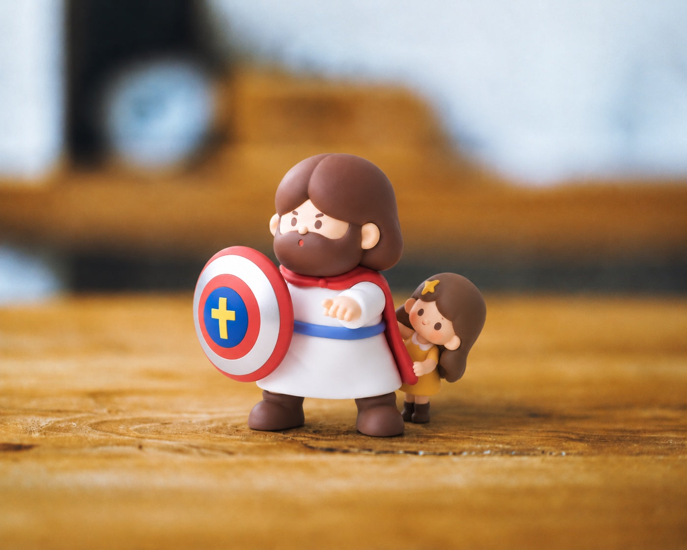 Held in His Care figurine photographed on a warm wooden tabletop
