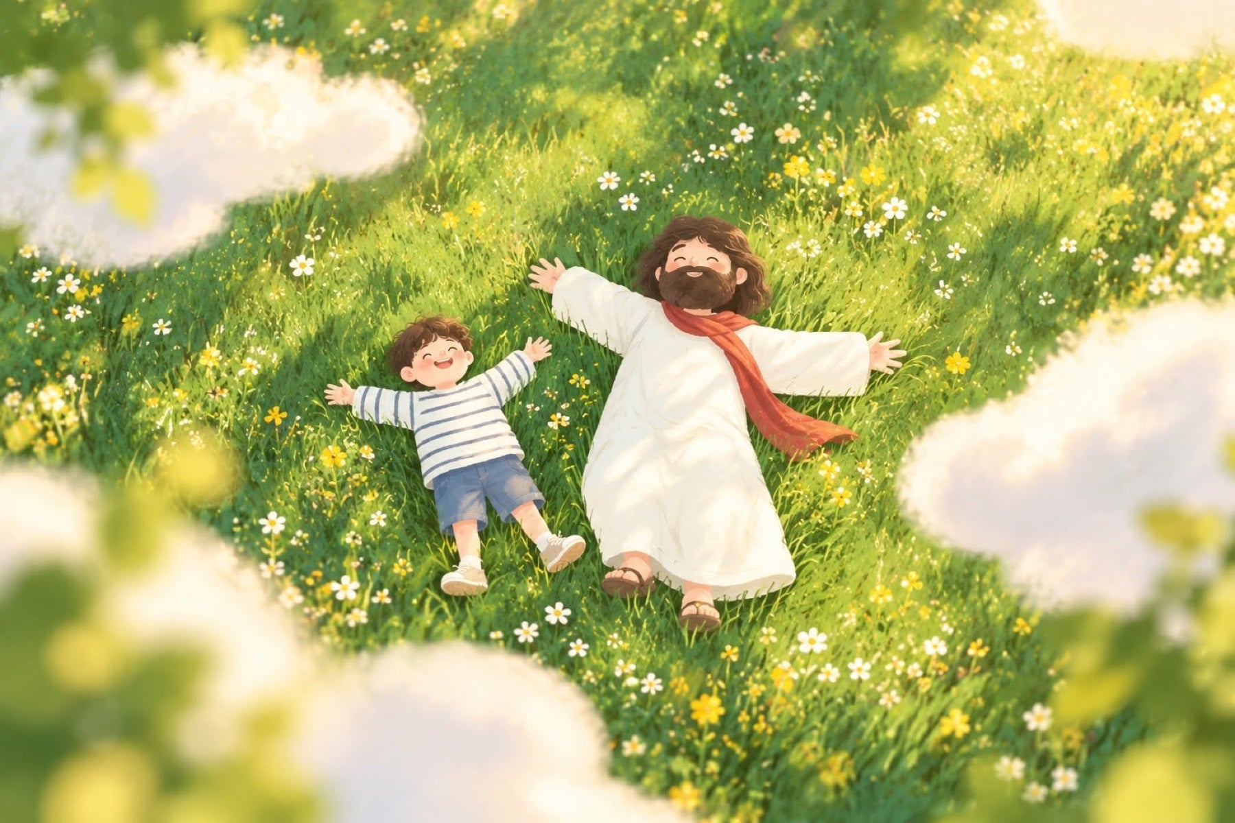 An illustration of Jesus and a child resting together in a sunlit meadow of daisies